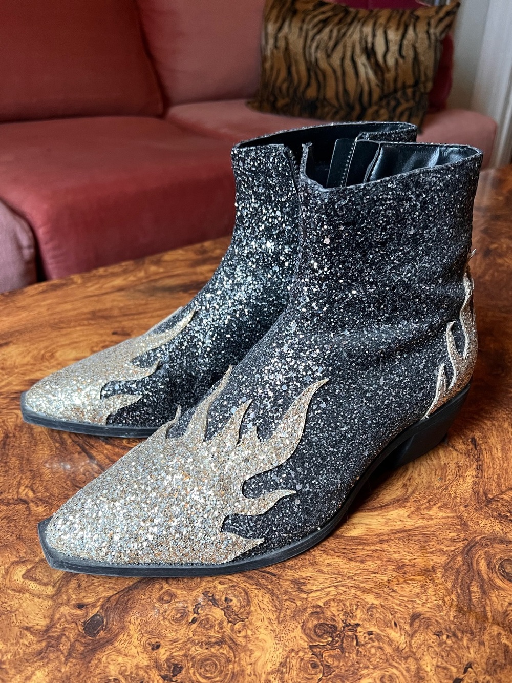 ASOS Black and Silver Glitter Flame Ankle Boots
